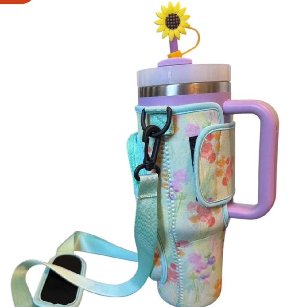 Floral Stanley Tumbler Accessories Bundle Cup Sleeve, Charm, Name Plate, Topper